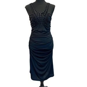 Black ruched crochet lace evening cocktail dress Sz M